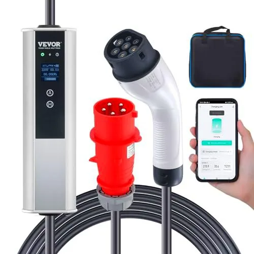 VEVOR Cargador Portátil para Vehículos Eléctricos Tipo 2 IEC6219 Cargador para Coche Eléctrico 32 A 7,36 kW Monofásico 22 kW Cable de Carga Trifásico 7,5 m CEE 32 Enchufe LCD IP66 con Bolsa Gancho