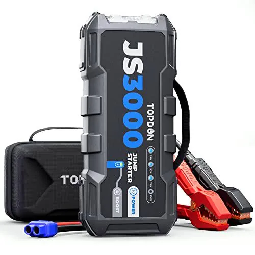 TOPDON JS3000 Arrancador de Coches, 24000mAh 3000A Arrancador de Baterias de Coche de Gasolina hasta 9L o 7L de Diésel