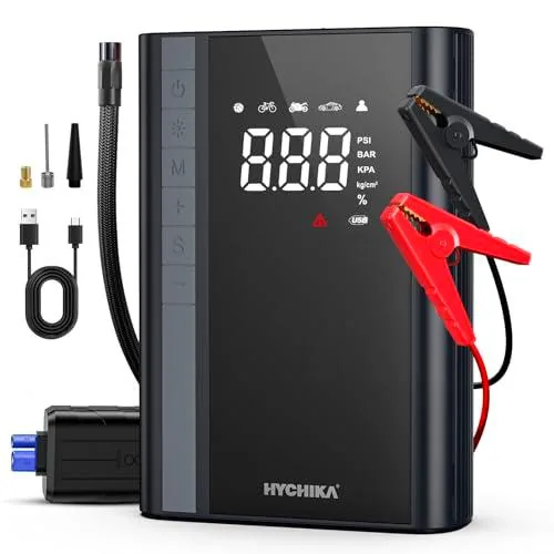 HYCHIKA Arrancador de Coches - Arrancador de Baterias de Coche con Compresor de Aire Carga Rápida/Luz LED de 600 lúmenes(para 6L Gas o 4L Diesel) 1500A 12V Jump Starter de HYCHIKA BETTER TOOLS FOR BETTER LIFE