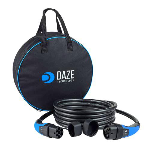 Daze | Cable de Carga Tipo 2-Tipo 2 para Coches Eléctricos EV y PHEV con Funda | 32 A | Compatible con EVs como Model 3-S-X-Y/Compass/Renegade/ZOE/500e/ID.4 (Monofásico/hasta 7,4 kW / 3 Metros/Azul)