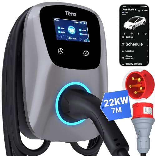 Tera EV Cargador con Smart App 32A Tipo 2 11KW o 22kW 400V CE y TüV wallbox Cable de 7 Metros con Soporte para el Cargador Control de la aplicación Enchufe de 3 Fases CEE Coche electrico W01 Plateado