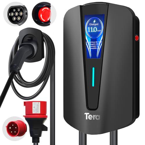 Tera EV Cargador Type 2 11KW estación de Carga doméstica Wallbox para automóvil eléctrico y Soporte de Cable Cable trifásico con Enchufe CEE de 16A 400V para vehículos eléctricos y PHEV Q8 Negro.