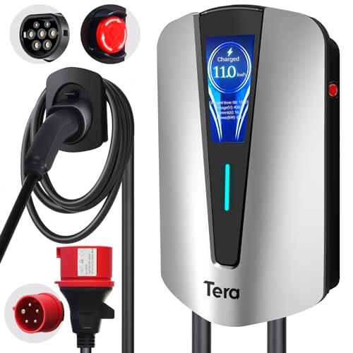 Tera EV Cargador Type 2 11KW estación de Carga doméstica Wallbox para automóvil eléctrico y Soporte de Cable Cable trifásico con Enchufe CEE de 16A 400V para vehículos eléctricos y PHEV Q8 Plateado