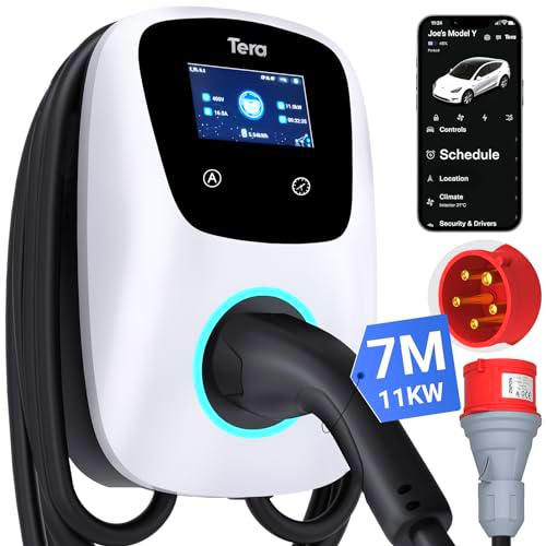 Tera Smart EV Chargeur Type 2 Wallbox: Borne de Recharge Vehicule Electrique 22kw Triphasé 32A 400V CE Certifié Avec App WiFi Bluetooth 7M Câble de Recharge Support Mural de Chargeur pour EV PHEV W01