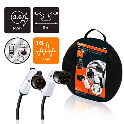 OSRAM CABLE DE CARGA EV 1FASE 16AMP 5PIN TIPO 1 A TIPO 2 3,6kWh 5M