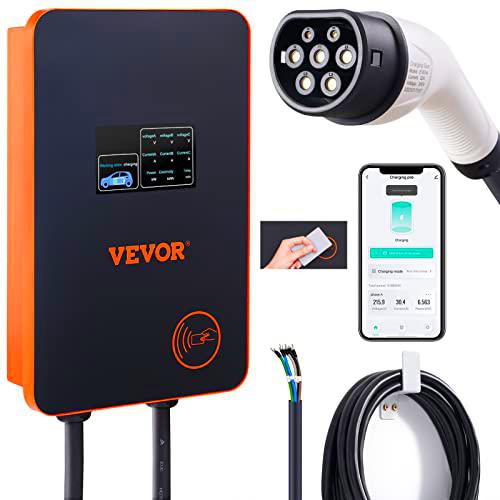 VEVOR Estación de Carga para Vehículos Eléctricos 7,4kW/22kW Estación de Carga EV 0-32A Ajustable Tipo 2 Cable TPU 7,5m IEC 62196 Monofásico/Trifásico para Interior Exterior IP66 TÜV 220-240/380-400 V