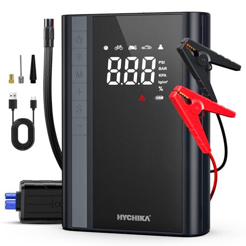 HYCHIKA Arrancador de Coches - Arrancador de Baterias de Coche con Compresor de Aire Carga Rápida/Luz LED de 600 lúmenes(para 6L Gas o 4L Diesel) 1500A 12V Jump Starter